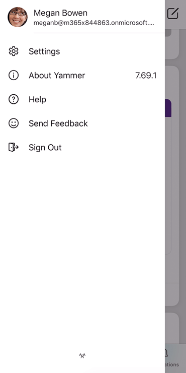 Screenshot showing setting up a profile on the Yammer mobile app