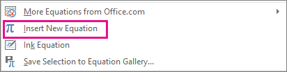 The Insert New Equation option is highlighted in the equation gallery