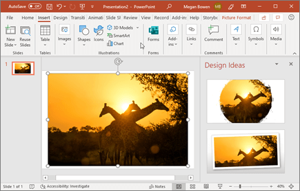 Designer enhances photos on a slide with a single click.