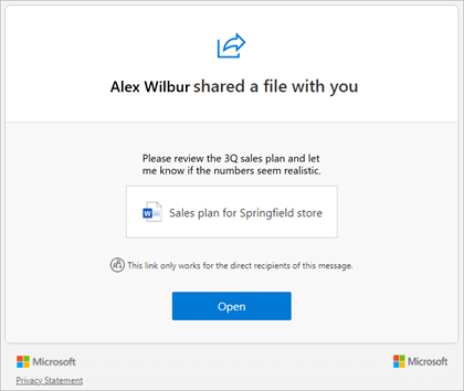 An email message indicating that a file has been shared with you and including a button to open the file.