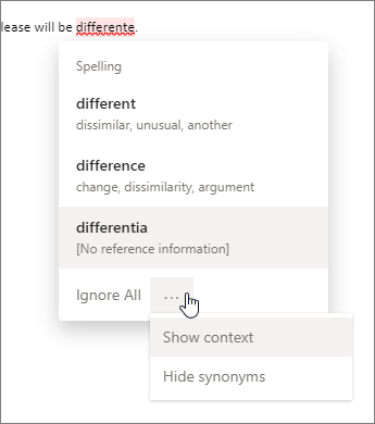 More options let you show or hide context and synonyms