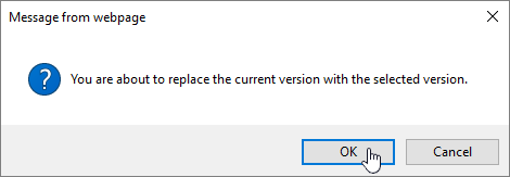 Version Restore confirm dialog box with OK selected