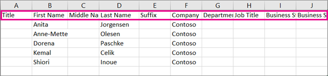 Here's what the sample .csv file looks like in Excel.