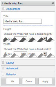 Screenshot of the Media Web Part edit panel, showing some of the properties that you can configure