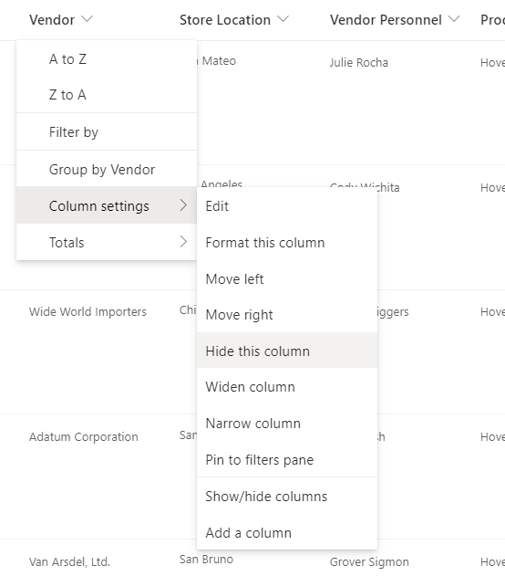 The Column settings > Hide this column option when a column heading is selected in a modern SharePoint list or library