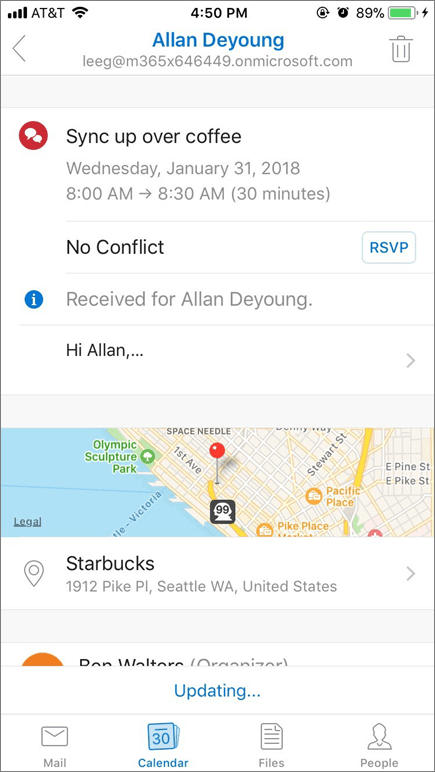 Screenshot shows mobile device screen with calendar invitation item.