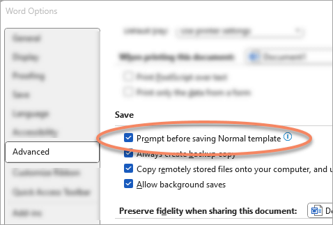 The Advanced Options dialog box with the setting for "Prompt to save Normal template" highlighted.