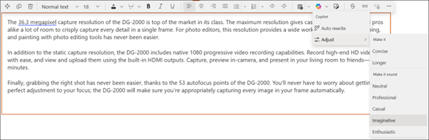 Example of changing tone of suggested text in copilot in sharepoint - before