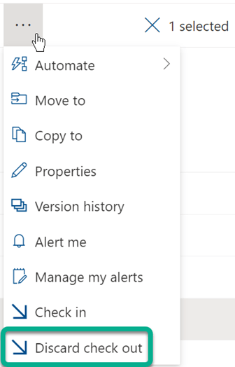 The Discard Check-out option is on the three-dot menu above the file list in the SharePoint library.