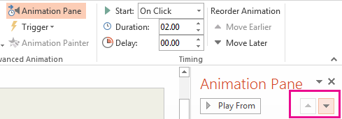 Click the arrows in the Animations Pane to change the order of the animations.