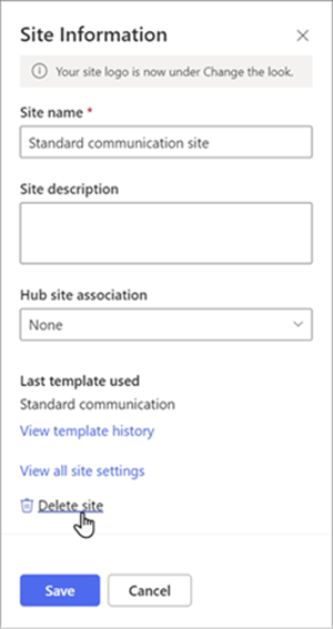 Screenshot of the site information panel with Delete site underlined. At the bottom of the panel are the Save and Cancel buttons.