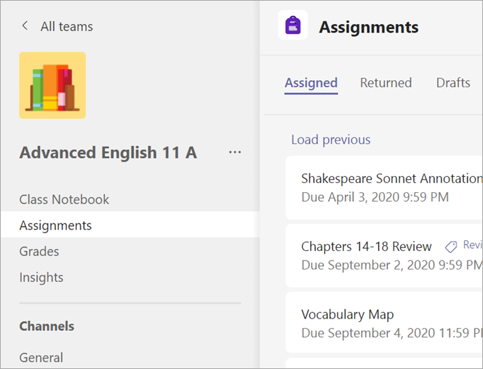 Assignments app opened in a class team.