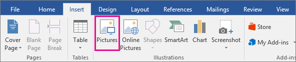 The Pictures icon is highlighted on the Insert tab.