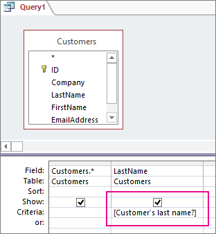 Parameter question in square brackets in Criteria row