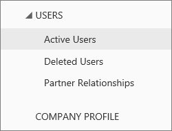 Screen shot of the Users menu in the Office 365 Admin Center, with Active Users selected.