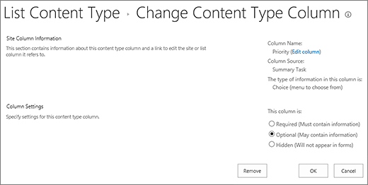 Change content type column page