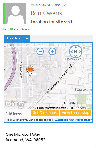 Email message with Bing Maps app showing address on a map