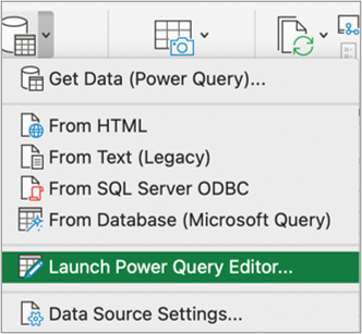 Get Data (Power Query) command menu