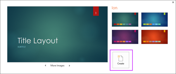 Shows the Create New presentation from Theme dialog in PowerPoint