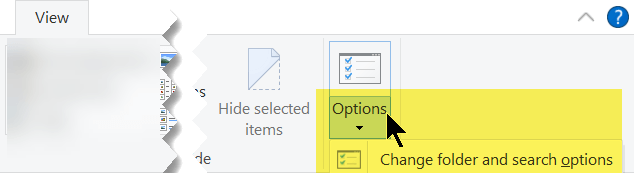 On the View tab, at the right end, select Change Folder And Search Options.