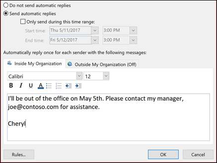 Hen Phalanx Plantage Send automatic out of office replies from Outlook - Microsoft Support