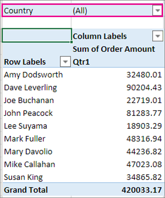 Filters area in the PivotTable