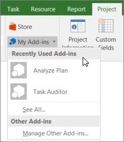 Screenshot of the Project tab in the My Add-ins area with the cursor next to the Recently Used Add-ins drop-down. The names of several add-ins are shown, and you can click the name to start the add-in.
