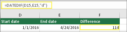 Cell D15 with 1/1/2016, Cell E15 with 4/24/2016, Cell F15 with formula: =DATEDIF(D15,E15,"d") and result of 114