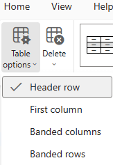 The Table options menu showing the Header row option selected in Outlook on the web.