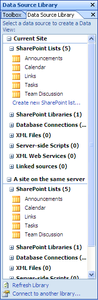 Data sources from two sites in the Data Source Library