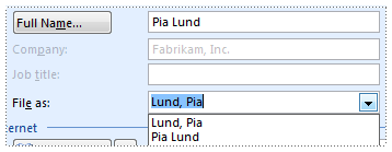 The File As list in a contact