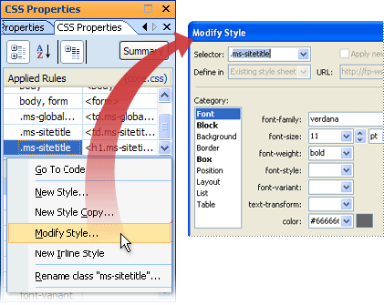 Opening the Modify Style dialog box from the CSS Properties pane