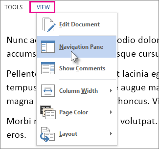 Image of View menu in Read Mode with the Navigation Pane option selected.