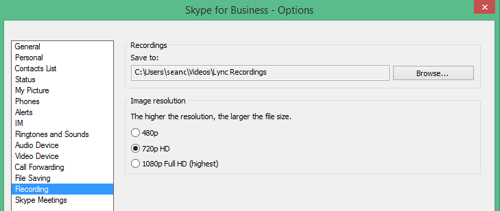Screen shot of the Recording options dialog