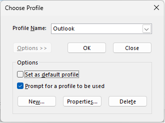 Choose profile dialog box with the name of the new profile. Also, an option is selected.