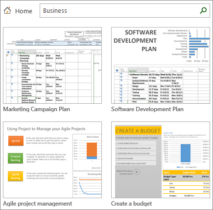 Screenshot of project plan templates in the Business category.
