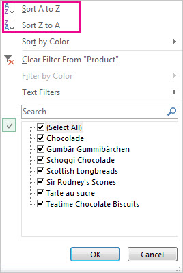 Sorting commands in the Sort and Filter gallery