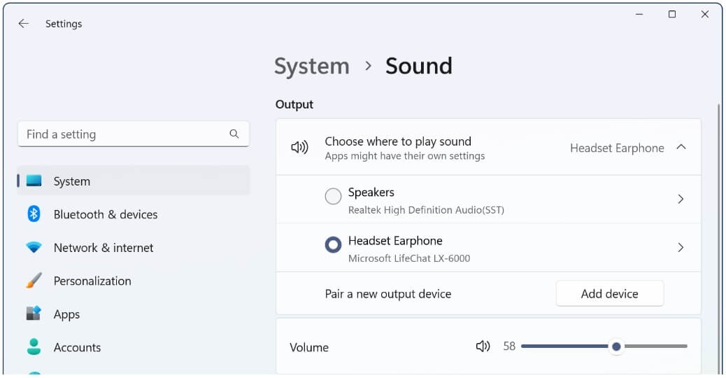 Sound settings menu in Windows 11