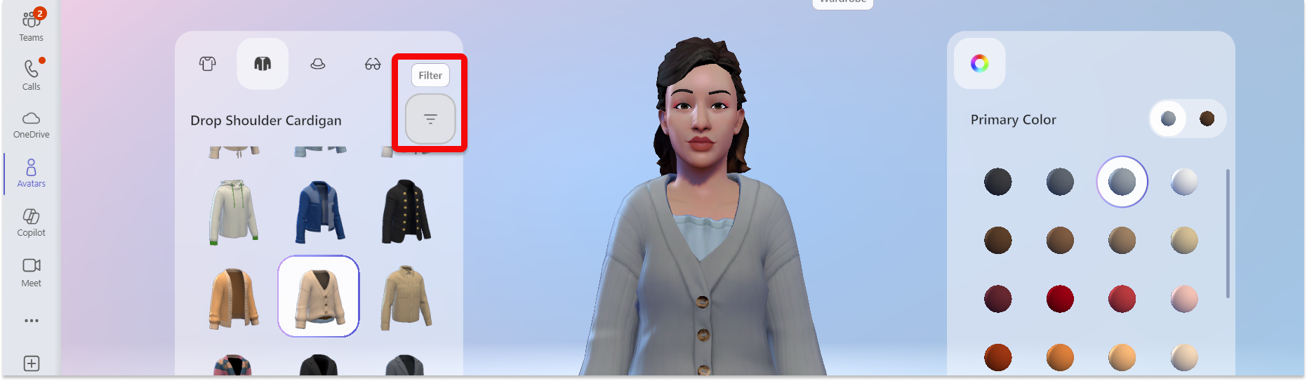 Screenshot of avatars app in Teams showing the filters button for wardrobe category.