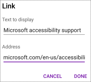 Add hyperlink dialog in OneNote for Android
