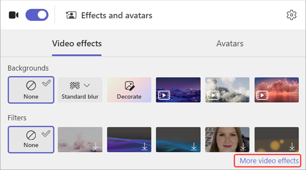 screenshot of video filter options