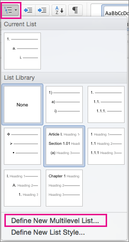 On the Home tab, the Multilevel List icon and Define New Multilevel List are highlighted.