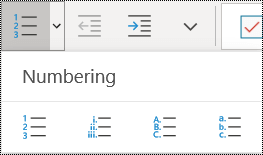 Numbered list buttons on the Home menu ribbon in OneNote for Windows 10.