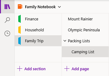 Navigation interface in OneNote for Windows 10