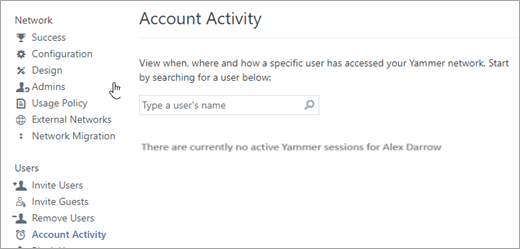 Screenshot of the Account Activity for a user showing no active Yammer sessions (logged out)