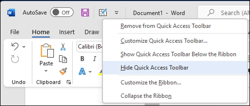 Image of option to hide the Quick Access Toolbar