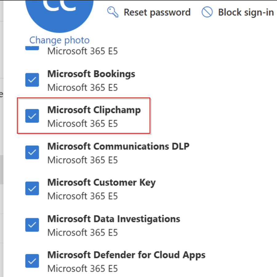 Clipchamp is visible as a service in the list of apps and licenses assigned to a user in a Microsoft 365 organization