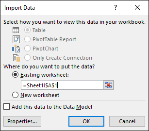 In the Import Data dialog box, choose to put the data in an existing worksheet, the default setting, or in a new worksheet