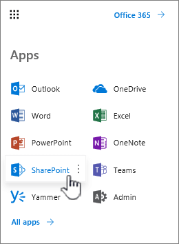 Office 365 app list from app launcher button