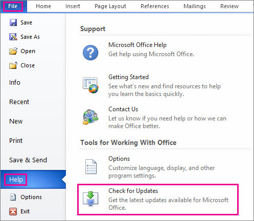 Manually checking for Office updates in Word 2010